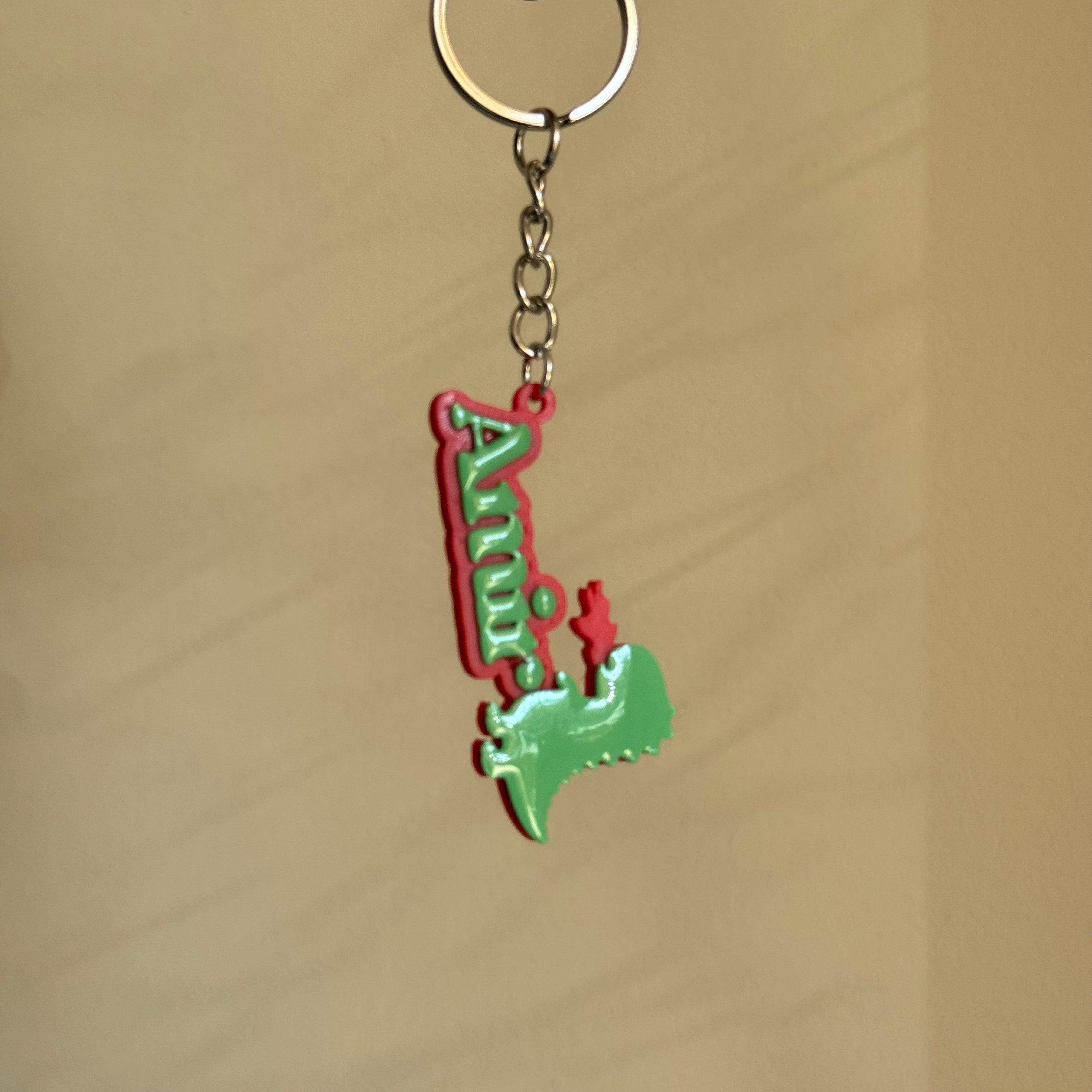 Porte-clé Dinosaure - Ajoute le prénom de ton choix - Vert & Rouge